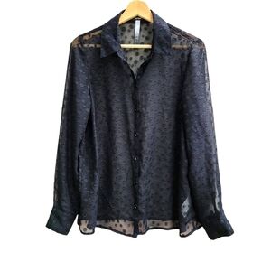 Kensie Sheer Black Button-down Blouse with Polkadots, Size Medium